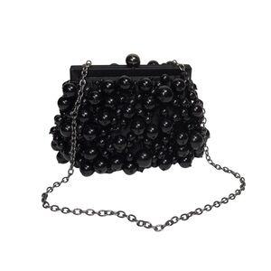 Sondra Roberts Satin Black Beaded Clap Closure  Chain Chic Evening Purse